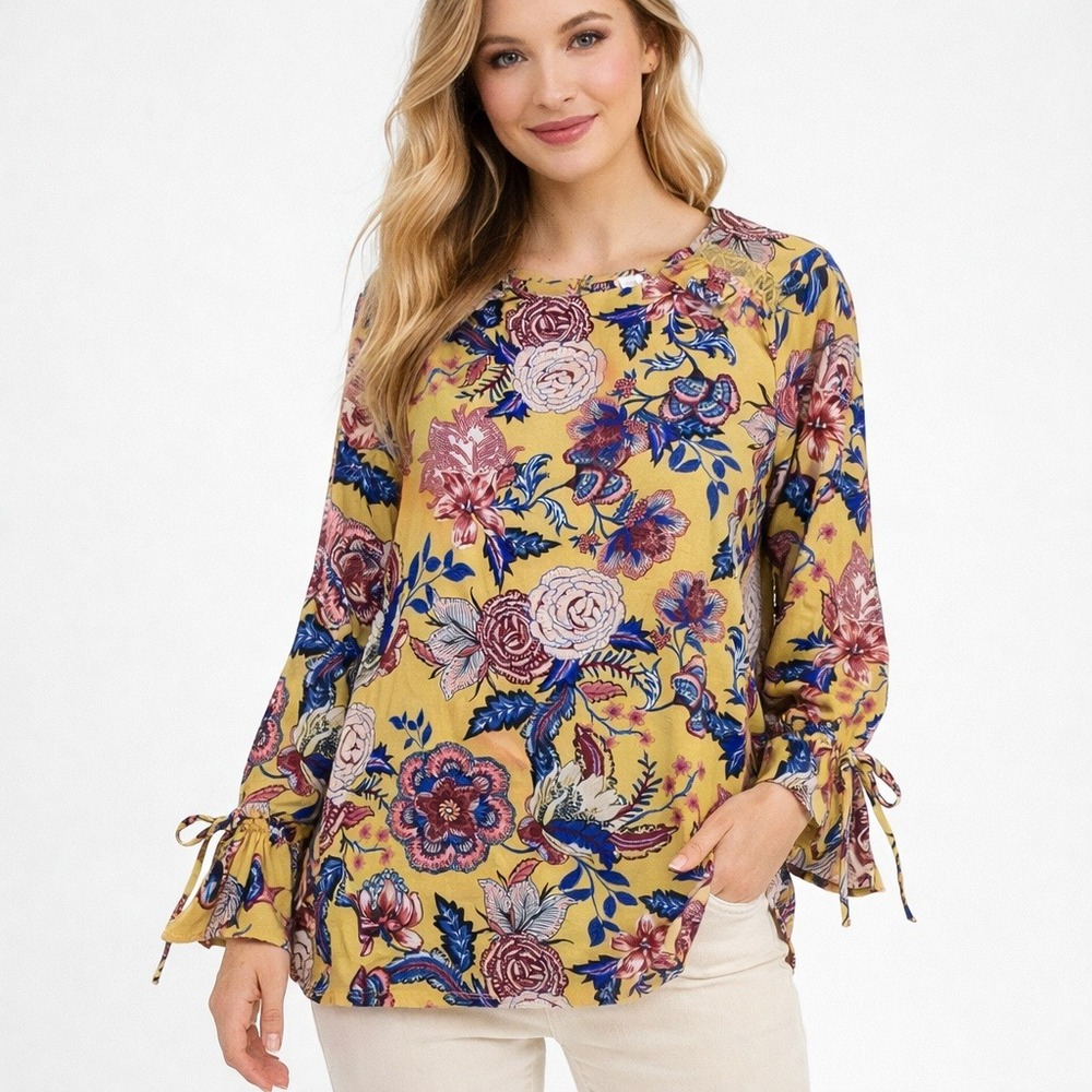Xhilaration Floral Blouse Womens‎ Sz M Yellow Boho Lace Tie Sleeve Cottagecore